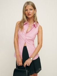 Reformation Jimmy Top in Babygirl Stripe ~ women’s collared tops ~ womens pink striped sleeveless shirt ~ fitted shirts