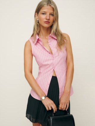 Reformation Jimmy Top in Babygirl Stripe ~ women’s collared tops ~ womens pink striped sleeveless shirt ~ fitted shirts - flipped