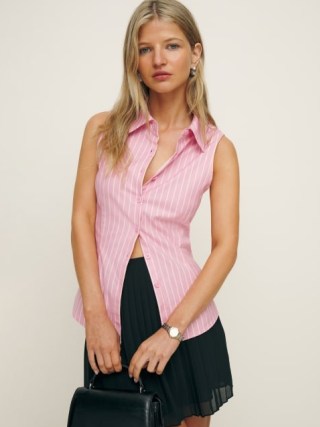Reformation Jimmy Top in Babygirl Stripe ~ women’s collared tops ~ womens pink striped sleeveless shirt ~ fitted shirts