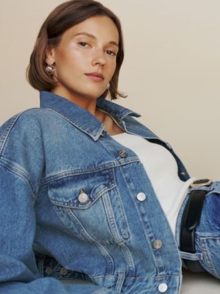 Reformation Jori Cropped Denim Jacket in Lugano | women’s blue boxy relaxed fit jackets | sustainable fashion - flipped