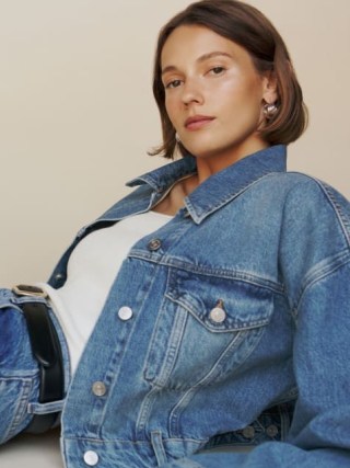 Reformation Jori Cropped Denim Jacket in Lugano | women’s blue boxy relaxed fit jackets | sustainable fashion