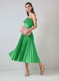 L.K. BENNETT Josephine Green One-Shoulder Pleated Dress ~ summer occasion midi dresses ~ women’s holiday evening clothes