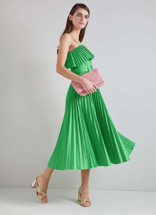 L.K. BENNETT Josephine Green One-Shoulder Pleated Dress ~ summer occasion midi dresses ~ women’s holiday evening clothes - flipped