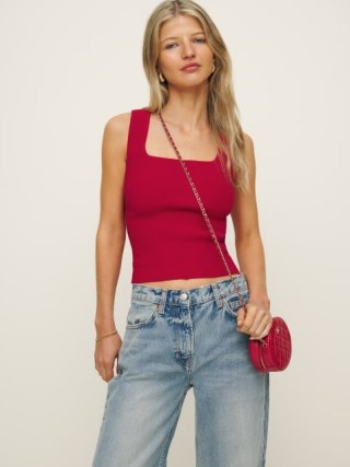 Reformation Julia Ribbed Sweater Tank in Lipstick ~ cropped red square neck tanks - flipped