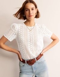 Boden Lace T-Shirt in Ivory ~ white semi sheer tee ~ feminine floral short sleeve top ~ women’s T-shirts