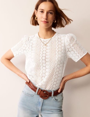 Boden Lace T-Shirt in Ivory ~ white semi sheer tee ~ feminine floral short sleeve top ~ women’s T-shirts - flipped