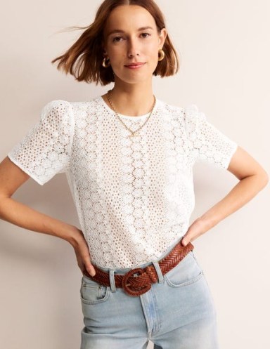 Boden Lace T-Shirt in Ivory ~ white semi sheer tee ~ feminine floral short sleeve top ~ women’s T-shirts