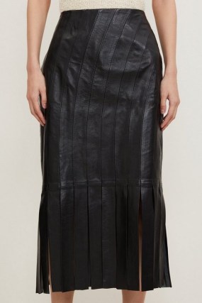 KAREN MILLEN Leather Tassle Hem Pencil Skirt in Black – tasseled midi skirts - flipped