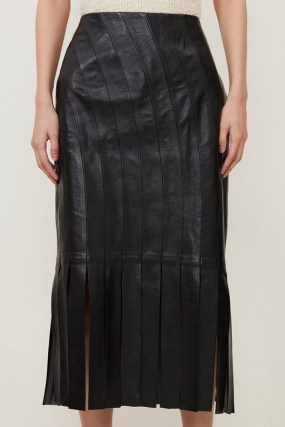 KAREN MILLEN Leather Tassle Hem Pencil Skirt in Black – tasseled midi skirts
