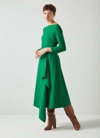 L.K. BENNETT Lena Green Crepe Fit And Flare Dress ~ asymmetric drape detail midi dresses