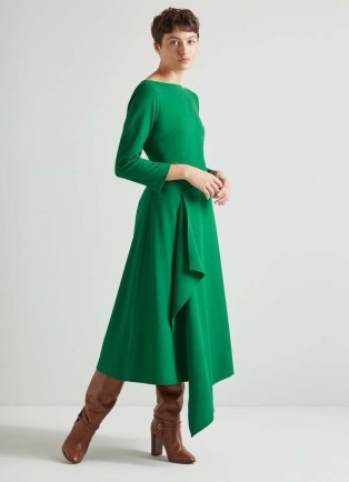 L.K. BENNETT Lena Green Crepe Fit And Flare Dress ~ asymmetric drape detail midi dresses - flipped