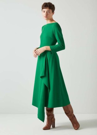 L.K. BENNETT Lena Green Crepe Fit And Flare Dress ~ asymmetric drape detail midi dresses