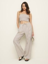 Reformation Lena Linen Two Piece in Oatmeal / strapless crop top and trouser sets / women’s summer trousers and tops co-ords