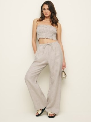 Reformation Lena Linen Two Piece in Oatmeal / strapless crop top and trouser sets / women’s summer trousers and tops co-ords