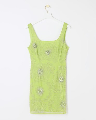 River Island Lime Green Embellished Shift Mini Dress | sleeveless beaded party dresses - flipped