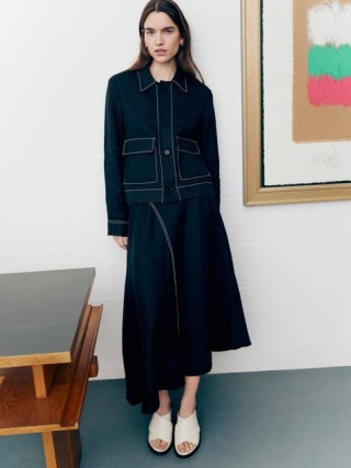 JIGSAW Linen Bias Cut Midi Skirt in Black / asymmetric hemline skirts - flipped