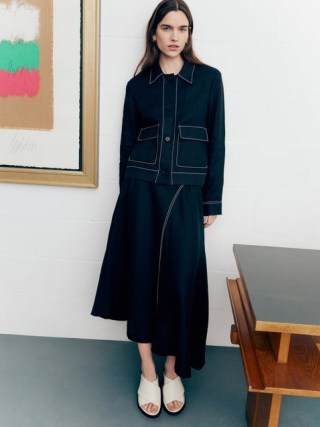 JIGSAW Linen Bias Cut Midi Skirt in Black / asymmetric hemline skirts
