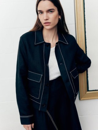 JIGSAW Linen Cropped Utility Jacket in Black / women’s utilitarian clothing / womens collared jackets - flipped