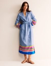 Boden Linen Maxi Notch Neck Dress in Blue with Multistripe – long sleeve tie waist summer dresses – women’s relaxed fit holiday clothing