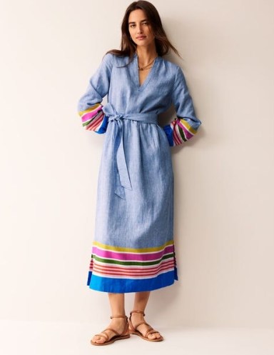 Boden Linen Maxi Notch Neck Dress in Blue with Multistripe – long sleeve tie waist summer dresses – women’s relaxed fit holiday clothing - flipped