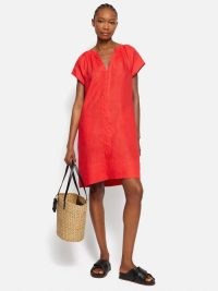 Jigsaw Linen Smocked T-shirt Dress in Coral – summer tee dresses – vibrant holiday fashion – bright vacation clothes