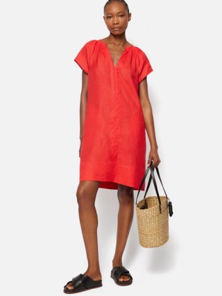 Jigsaw Linen Smocked T-shirt Dress in Coral – summer tee dresses – vibrant holiday fashion – bright vacation clothes - flipped