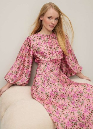 L.K. BENNETT Lois Neon Garden Print Viscose-Silk Blend Dress / pink floral balloon sleeve maxi occasion dresses / silky summer event fashion / luxury occasionwear - flipped