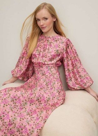 L.K. BENNETT Lois Neon Garden Print Viscose-Silk Blend Dress / pink floral balloon sleeve maxi occasion dresses / silky summer event fashion / luxury occasionwear
