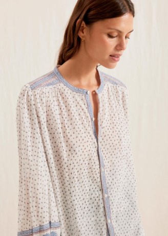 LOUISE MISHA JEANNE SHIRT in WHITE CORNFLOWER / floral collarless bohemian shirts / balloon sleeve button up boho top - flipped