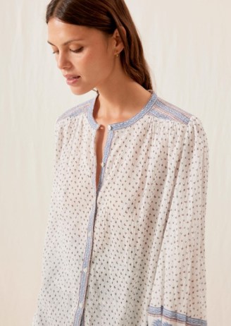 LOUISE MISHA JEANNE SHIRT in WHITE CORNFLOWER / floral collarless bohemian shirts / balloon sleeve button up boho top