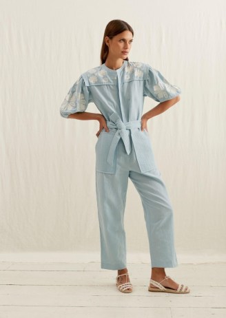 LOUISE MISHA SYLVIANE JUMPSUIT in BLUE / floral puff sleeve tie waist jumpsuits - flipped