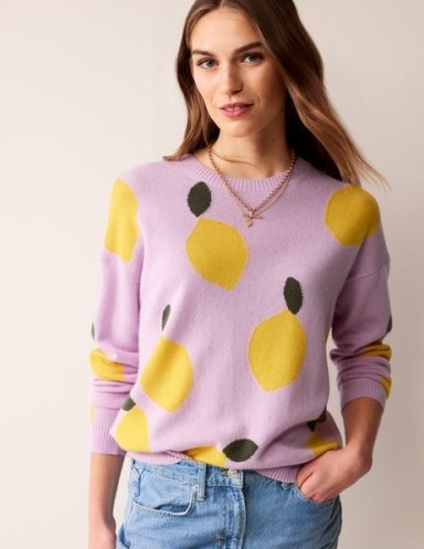 Boden Lydia Cashmere Jumper in Soft Lavender, Lemons ~ fruit patterned jumpers - flipped
