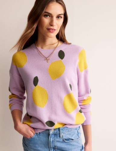 Boden Lydia Cashmere Jumper in Soft Lavender, Lemons ~ fruit patterned jumpers