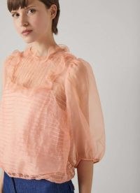 L.K. BENNETT Maddie Pink Silk Organza Top ~ semi sheer ruffle detail tops ~ feminine vintage style blouse ~ luxe fashion