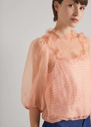 L.K. BENNETT Maddie Pink Silk Organza Top ~ semi sheer ruffle detail tops ~ feminine vintage style blouse ~ luxe fashion - flipped