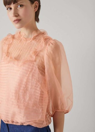 L.K. BENNETT Maddie Pink Silk Organza Top ~ semi sheer ruffle detail tops ~ feminine vintage style blouse ~ luxe fashion