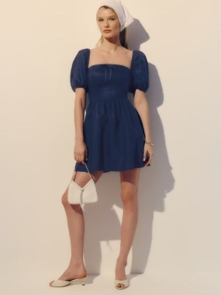 Reformation Malvina Linen Dress in Danube / blue short sleeve fitted bodice mini dresses / women’s summer fashion - flipped