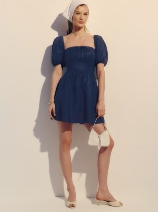 Reformation Malvina Linen Dress in Danube / blue short sleeve fitted bodice mini dresses / women’s summer fashion