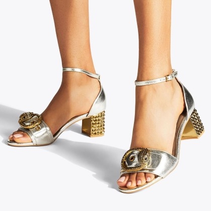 KURT GEIGER LONDON MAYFAIR BLOCK MID HEEL in Silver ~ metallic ankle strap sandals ~ luxe embellished sandal - flipped
