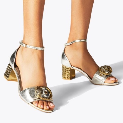 KURT GEIGER LONDON MAYFAIR BLOCK MID HEEL in Silver ~ metallic ankle strap sandals ~ luxe embellished sandal