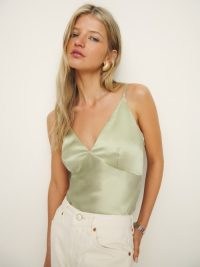 Reformation Mickey Silk Top in Dried Herbs – luxe light green strappy tops – silky V-neck cami