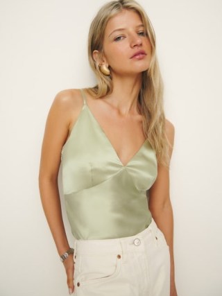 Reformation Mickey Silk Top in Dried Herbs – luxe light green strappy tops – silky V-neck cami - flipped