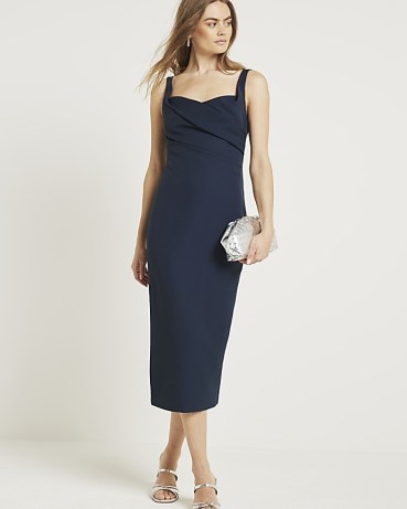 River Island Navy Ruched Open Back Bodycon Midi Dress | chic fitted dark blue party dresses