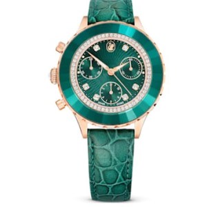 SWAROVSKI Octea Chrono watch Swiss Made, Leather strap, Green, Rose gold-tone finish ~ women’s crystal embellished watches - flipped