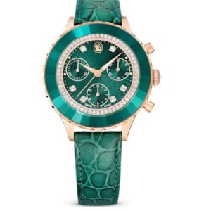 SWAROVSKI Octea Chrono watch Swiss Made, Leather strap, Green, Rose gold-tone finish ~ women’s crystal embellished watches