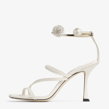 JIMMY CHOO Ottilia 90 Latte Nappa Leather Sandals with Crystal and Pearl Strap – luxury strappy sandal – luxe occasion shoes - flipped