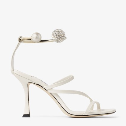 JIMMY CHOO Ottilia 90 Latte Nappa Leather Sandals with Crystal and Pearl Strap – luxury strappy sandal – luxe occasion shoes
