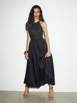Reformation Percy Linen Dress in Black / sleeveless strappy back fit and flare dresses - flipped