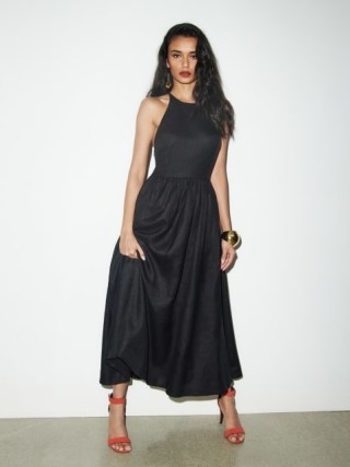 Reformation Percy Linen Dress in Black / sleeveless strappy back fit and flare dresses