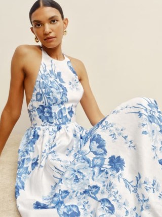 Reformation Percy Linen Dress in Verna – sleeveless white and blue floral fit and flare dresses - flipped